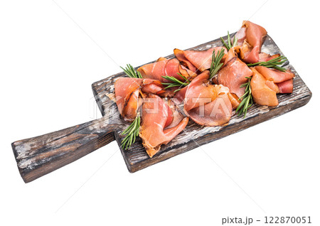 Sliced Spanish jamon iberico isolated on white background. top view Sliced Spanish jamon iberico isolated on white background. top view 122870051