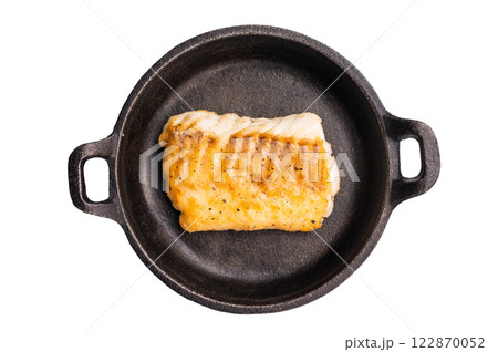 Roasted cod fish loin fiilet in skillet isolated on white background 122870052