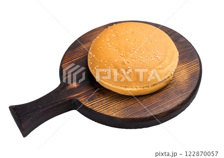 Fresh Baked burger buns, bread for cooking hamburgers isolated on white background. top view Fresh Baked burger buns, bread for cooking hamburgers isolated on white background. top view 122870057