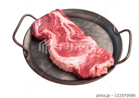 Uncooked Raw Chuck eye roll steak, prime beef meat in kitchen tray isolated on white background 122870066