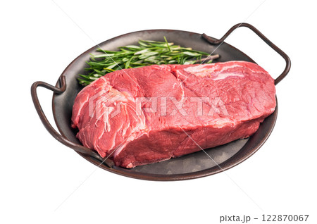 Freshly cut horse meat pieces arranged artfully, showcasing their tender texture and deep red hue, perfect for gourmet recipes. isolated on white background. top view Freshly cut horse meat pieces arranged artfully, showcasing their tender texture and deep red hue, perfect for gourmet recipes. isolated on white background. top view 122870067