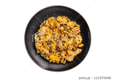 Serbian rice with beef meat, vegetables in a plate isolated on white background 122870086