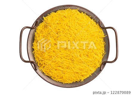 Raw Vermicelli, uncooked pasta in a tray isolated on white background. top view 122870089