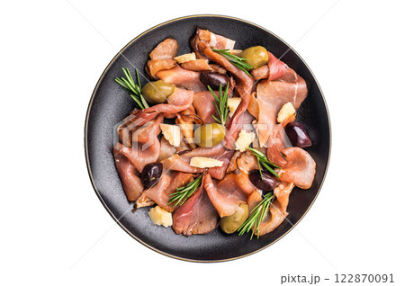Antipasto with Prosciutto ham, parmesan cheese, rosemary and olives in a plate isolated on white background. top view Antipasto with Prosciutto ham, parmesan cheese, rosemary and olives in a plate isolated on white background. top view 122870091
