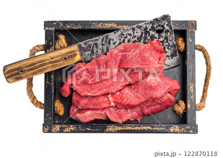 Raw horse meat slices in a wooden tray, showcasing its appealing color and texture, ready for cooking. isolated on white background. top view 122870118