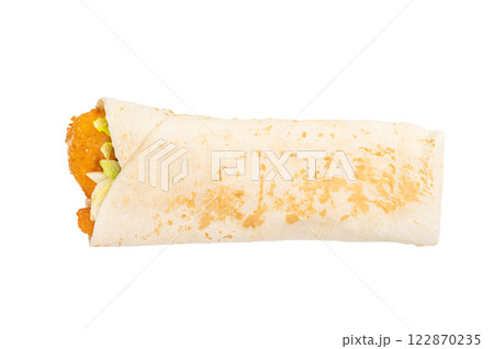 Seafood Shawarma wrap with shrimps, prawns and veggies isolated on white background 122870235