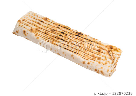 Traditional oriental shawarma, doner kebab with meat and salad isolated on white background 122870239