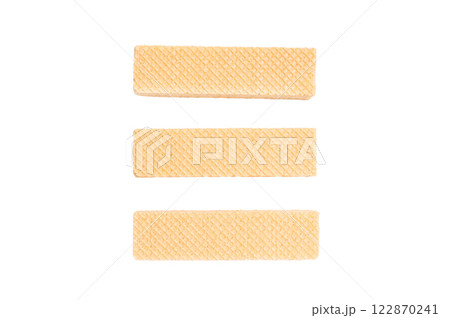 Sweet wafer stick biscuits isolated on white background. top view 122870241