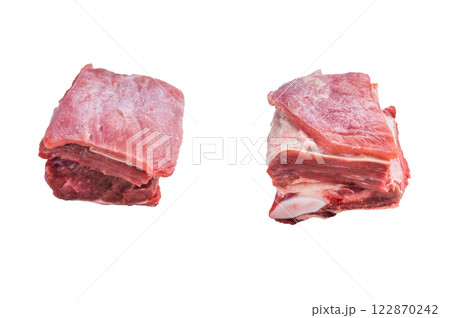 Thick Cut raw lamb Short Ribs, fresh mutton meat with bone isolated on white background. top view 122870242