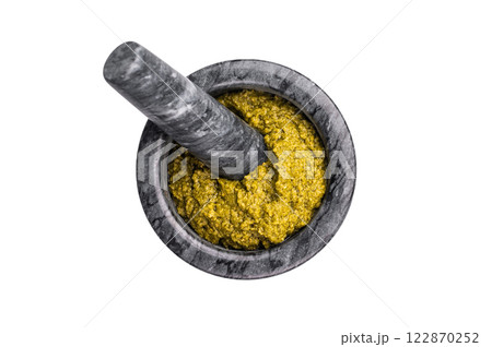 Iitalian spread sauce pesto with green basil in bowl isolated on white background 122870252