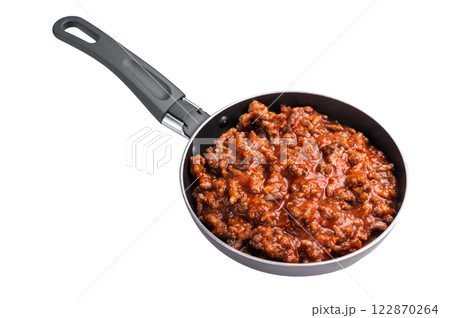 Italian bolognese sauce with minced beef in a pan isolated on white background Italian bolognese sauce with minced beef in a pan isolated on white background 122870264