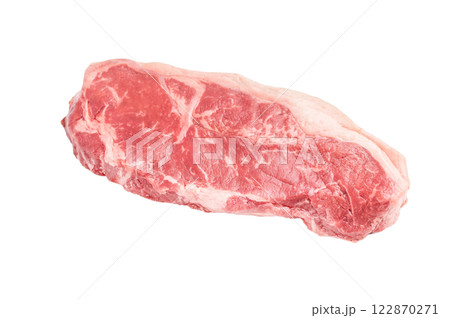 Raw striploin beef steak, New York strip steak isolated on white background Raw striploin beef steak, New York strip steak isolated on white background 122870271
