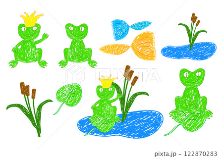 Whimsical Hand-Drawn Frogs and Pond Scene 122870283