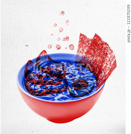 Ramen in red and blue color, featuring bowl of noodles, pieces of meat and kimchi, sheet of nori seaweed. Ramen in red and blue color, featuring bowl of noodles, pieces of meat and kimchi, sheet of nori seaweed. 122870289