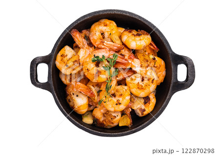 Fried Shrimps Prawns Sauteeing in Butter and Olive Oil isolated on white background. Fried Shrimps Prawns Sauteeing in Butter and Olive Oil isolated on white background. 122870298