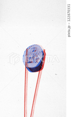 Chopsticks lifting sushi roll, with layered red and blue halftone textures against white background Chopsticks lifting sushi roll, with layered red and blue halftone textures against white background 122870331