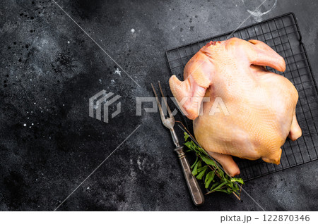 A whole, raw chicken sits on a wire rack against a dark, textured background A whole, raw chicken sits on a wire rack against a dark, textured background 122870346
