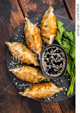 Fried Gyoza on plate with sauce, Japanese Dumplings with shrimps and vegetables. wooden background. top view 122870428