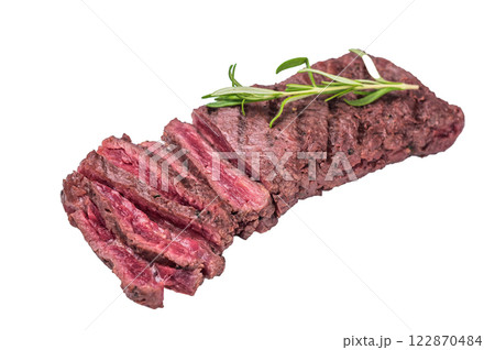 Grilled and sliced Flank beef steak, BBQ meat isolated on white background. top view 122870484