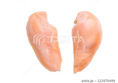 Two raw chicken breasts, sourced from an eco farm, ready for cooking, isolated on white background 122870489