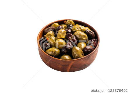 Black and green pickled olives in wooden bowl isolated on white background. Black and green pickled olives in wooden bowl isolated on white background. 122870492