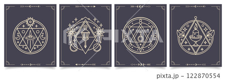 Set of posters with mystical sacred geometric symbols. Alchemy, occultism, philosophical cards. Illustration in boho style. Set of posters with mystical sacred geometric symbols. Alchemy, occultism, philosophical cards. Illustration in boho style. 122870554