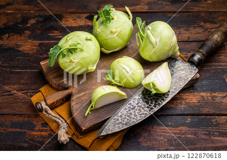 Cabbage kohlrabi on wooden board, raw Organic Vegetable. wooden backround. top view 122870618