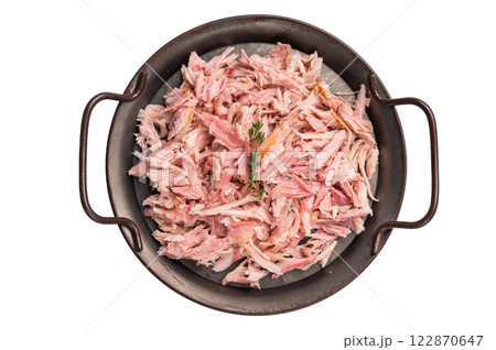 Hot smoked Pulled Chicken meat in a tray isolated on white background 122870647