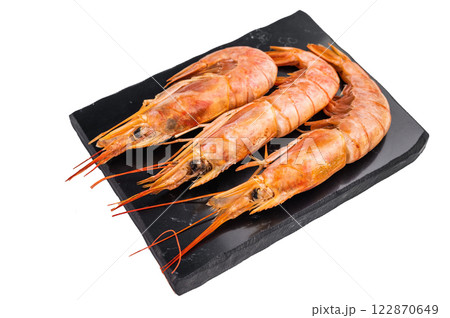 Fresh red Argentine shrimps, raw Prawns Langostino Austral isolated on white background. top view 122870649