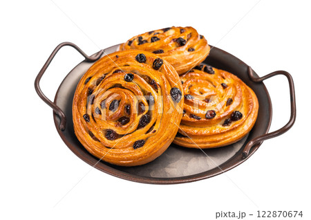 Baked Danish pastry, raisin bun isolated on white background. top view 122870674