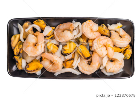 Seafood Cocktail appetiser with Mussels, Clams, Prawns, Shrimps and squid isolated on white background. top view Seafood Cocktail appetiser with Mussels, Clams, Prawns, Shrimps and squid isolated on white background. top view 122870679