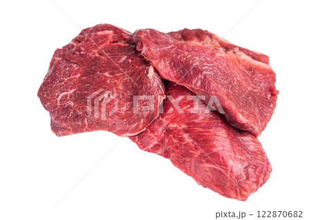 Raw Beef cheeks, fresh veal meat Isolated on white background. top view 122870682