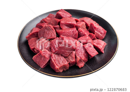 Diced Raw kangaroo meat, wild fresh game meat isolated on white background. top view 122870683