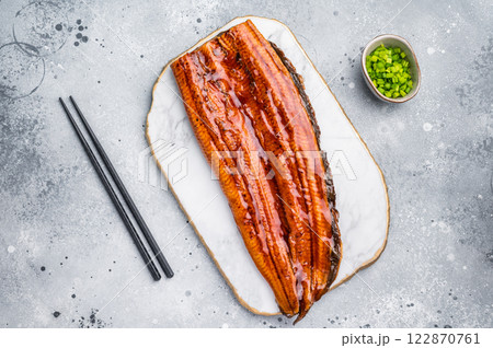 Unagi eel, Japanese grilled fish fillet of eel with sauce. grey background. top view Unagi eel, Japanese grilled fish fillet of eel with sauce. grey background. top view 122870761