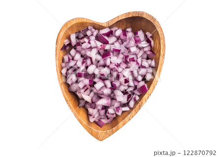 Diced Red onion in wooden bowl isolated on a white background. top view Diced Red onion in wooden bowl isolated on a white background. top view 122870792