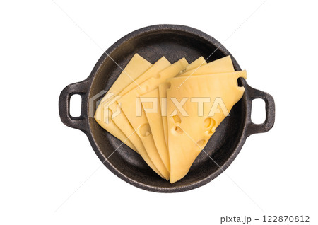 Swiss cheese slices with holes isolated on white background. top view Swiss cheese slices with holes isolated on white background. top view 122870812