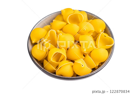 Jambo Pipe rigate raw pasta isolated on white background. top view Jambo Pipe rigate raw pasta isolated on white background. top view 122870834