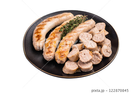 Grilled Sausages with forcemeat mincemeat and herbs in plate isolated on white background. top view 122870845