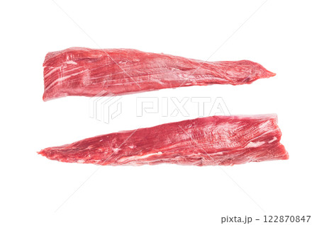 Raw lamb tenderloin fillet meat, fresh mutton isolated on white background. top view Raw lamb tenderloin fillet meat, fresh mutton isolated on white background. top view 122870847
