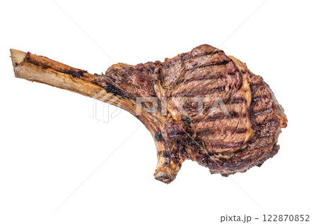 Grilled Tomahawk beef steak, cooked rib eye with bone isolated on white background. top view 122870852