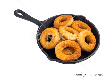 Crispy Fried onion rings, delicious snack in a pan isolated on white background. top view Crispy Fried onion rings, delicious snack in a pan isolated on white background. top view 122870892