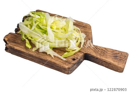 Fresh green iceberg lettuce salad sliced leaves isolated on white background. top view 122870903