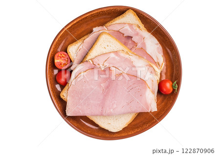 Ham sandwich, toast with sliced Prosciutto Cotto isolated on white background. top view 122870906