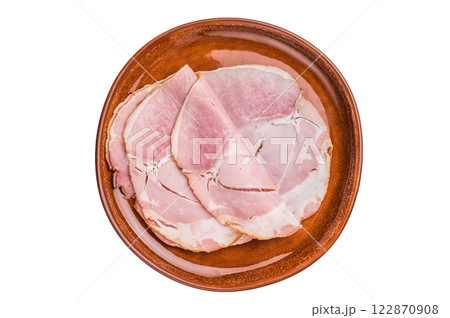 Sliced pork ham for sandwiches, smoked meat isolated on white background. top view 122870908