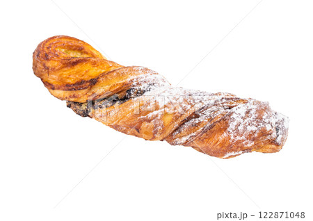 Danish pastry with Pistachios and chocolate, Puff pastry isolated on white background. top view 122871048