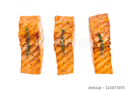 BBQ roast salmon fillet steak, roast fish isolated on white background. top view 122871055
