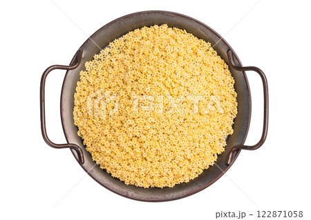 Raw stelline pasta, uncooked Italian soup Noodle in a bowl isolated on white background. top view 122871058