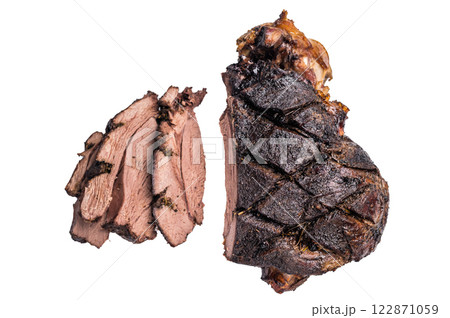 Roasted Roe Deer leg. slow cooked game meat of venison with bone isolated on white background. top view 122871059