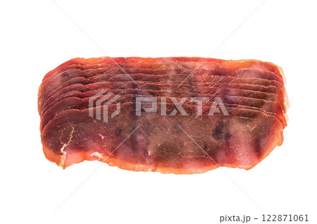 Dried spanish meat slices cecina, spanish tapa isolated on white background. top view 122871061
