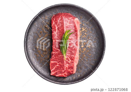 Australian Oyster Top blade steak, Fresh Beef shoulder meat on plate isolated on white background. top view Australian Oyster Top blade steak, Fresh Beef shoulder meat on plate isolated on white background. top view 122871068